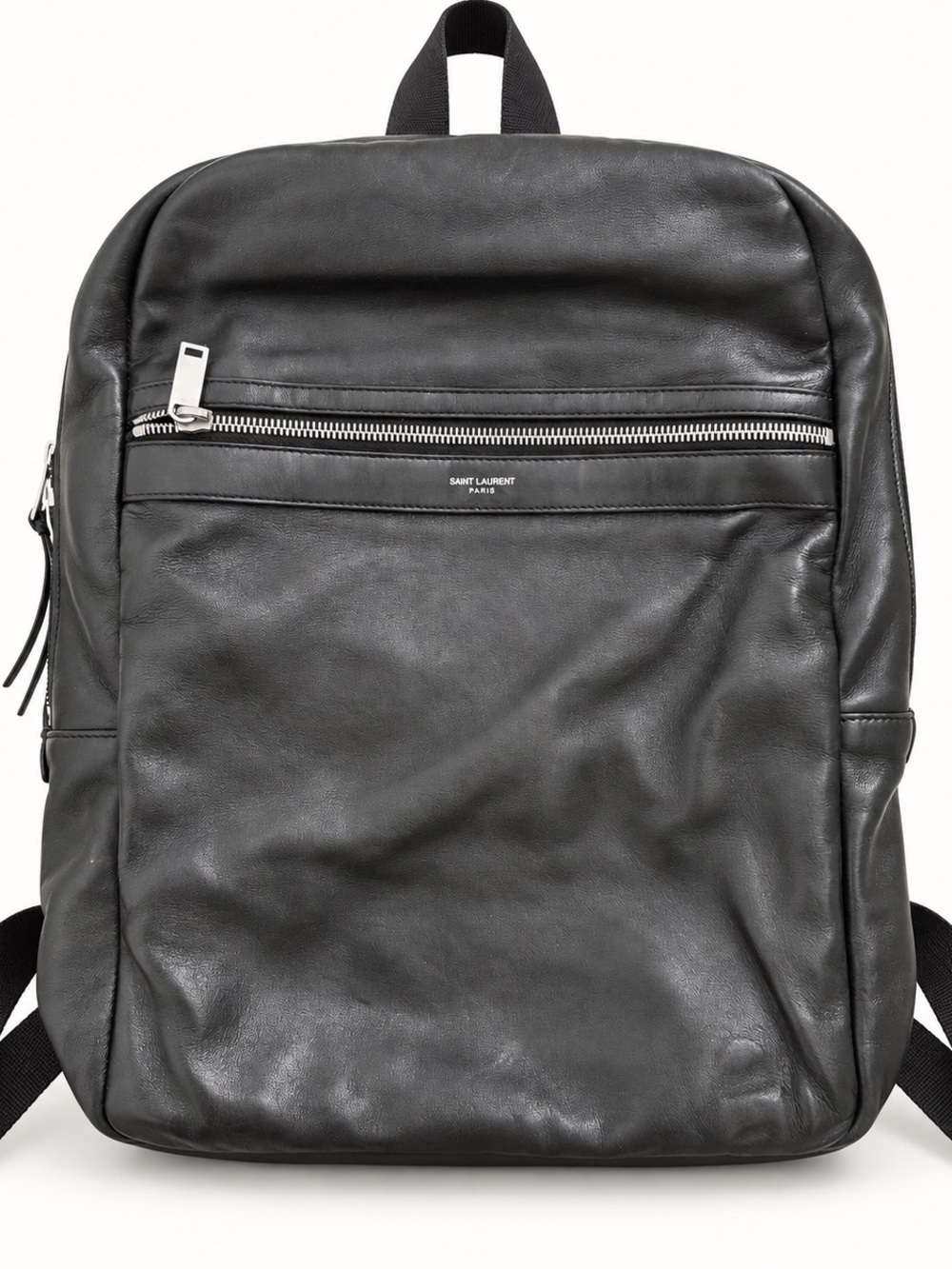 Saint Laurent Black Leather Backpack with Front Zip Pocket
